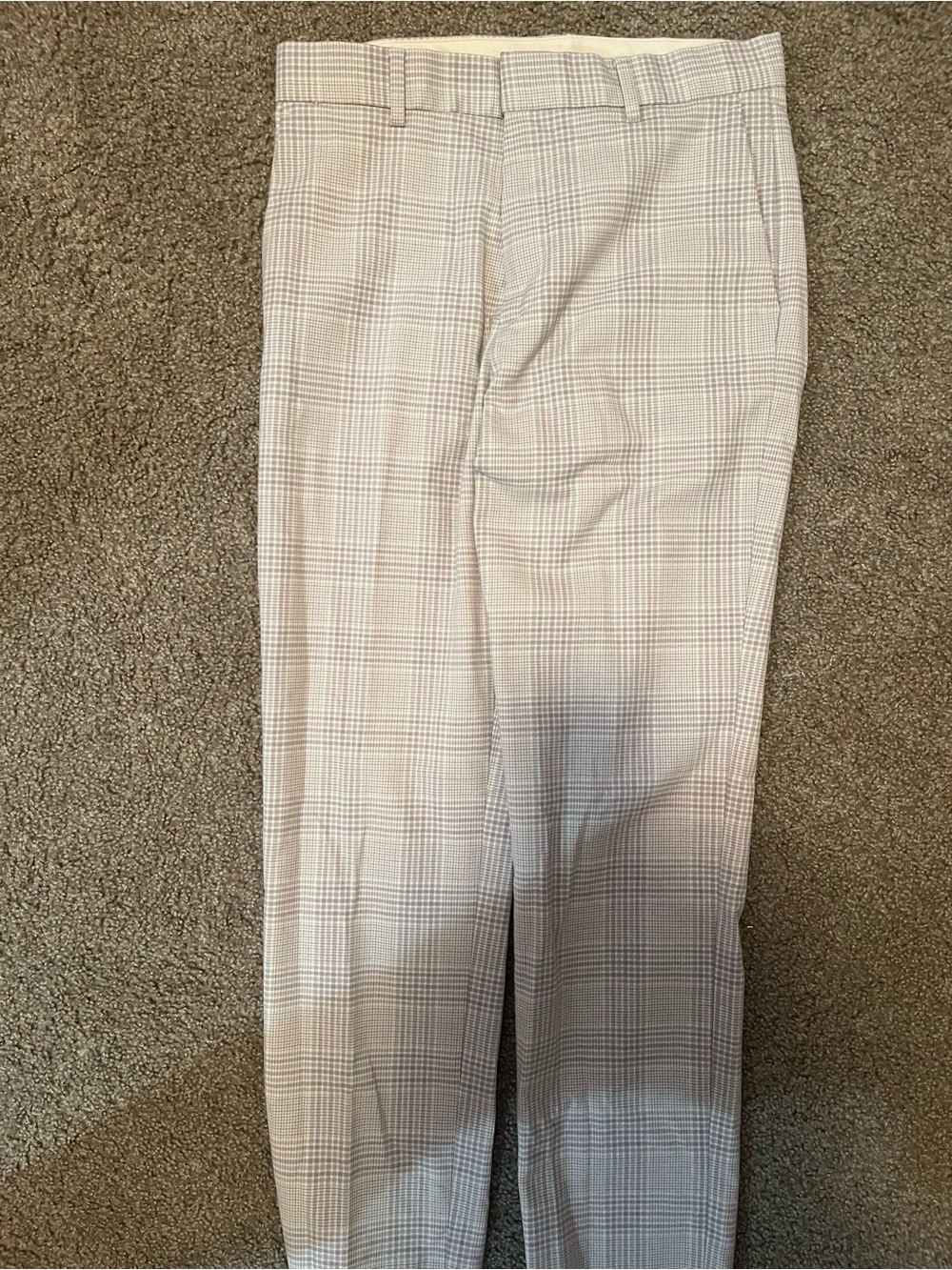Men's Plaid Dress Pants in Light Beige, White, blue, and Purple